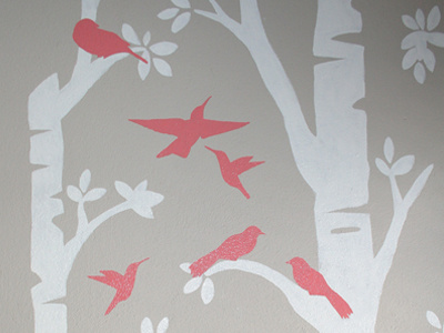 Summer's Mural art artist beige birchwood trees coral enamel humming birds interior design mural painting sparrows