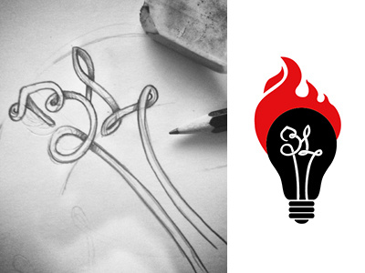 Burning Lights Youth fire hand drawn illustrator lightbulb logo typography