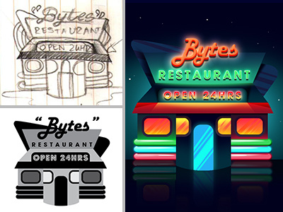 Bytes Logo Process colourful diner drawing illustrator it logo neon photoshop