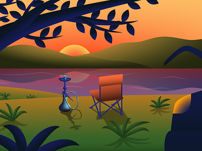 Relaxing with a hookah at sunset car chair design gradient gradient design gradients hill hills hookah illustration illustrator lake landscape sun sunset sunsets sunshine trunk vector