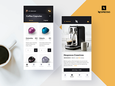 Nespresso App UI app black and white coffee colorful detail page ios ios app ios app design list list view mobile nespresso pods product page ui ux