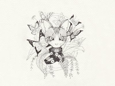 Cat & Butterflies cat illustration ink