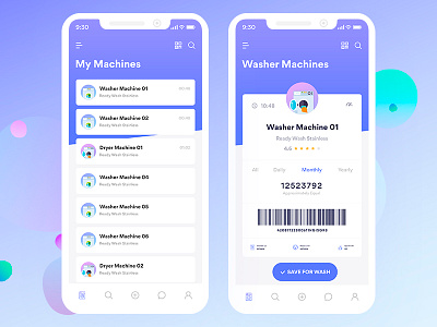 Washer Machine Finder Mobile App cards details feed gradient icons illustrations ios 11 iphone x listing machine washer