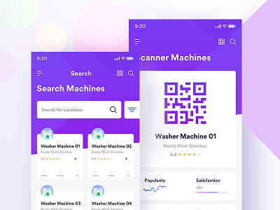 Washer Machine Finder Mobile App card cards feed gradient ios 11 iphone x machine qr code scanner search washer