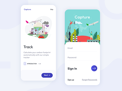 Capture App air pollution app design application carbon carbon fiber carbon footprin clean climate change environment pollution flat global warming illustration iphonex minimal natural sign in sign up