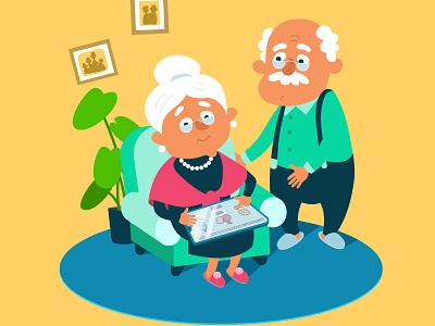 A cute senior couple are discussing and ordering food in an app animation cartoon cute elderly illustration vector