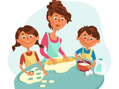 Mom And Children Bake Cookies cartoon cookies cooking cute illustration kids vector