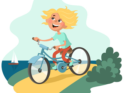 Hello Summer bicycle bike cartoon cute girl happy illustration kids summer vector