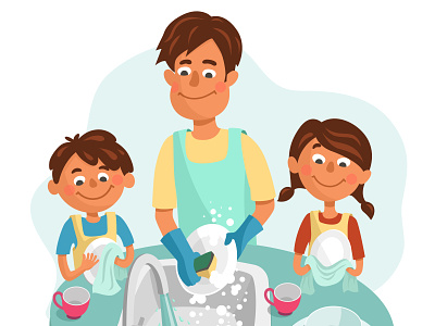 Dad does the dishes with his kids cartoon cute household chores illustration kids vector
