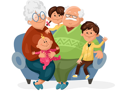 Grandparents with Grandchildrens cartoon cute granddaughter graphic design illustration kids vector