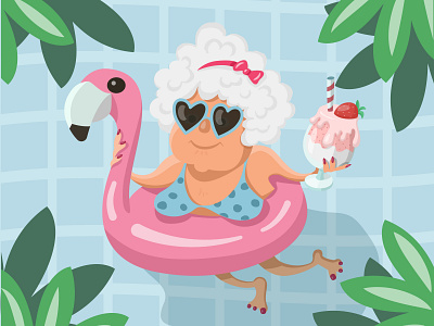 Old Lady in a Swimming Pool cartoon cute illustration old lady in the swimming pool pool vector