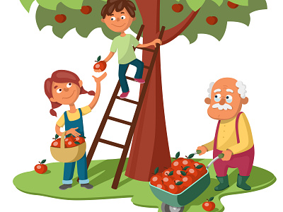 Grandfather with Grandchildren Picking Apples cartoon harvesting illustration kids vector