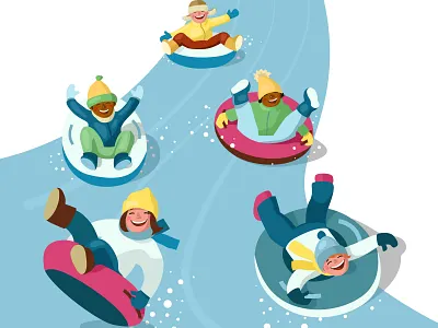 Children snow tubing cartoon cute illustration kids snow tubing vector