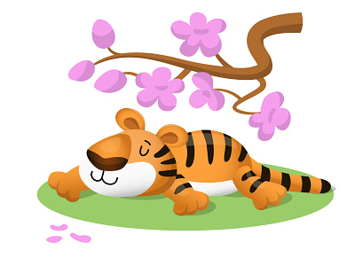 A Tiger Lies Under a Sakura Tree cartoon cute illustration illustrator kids tiger vector