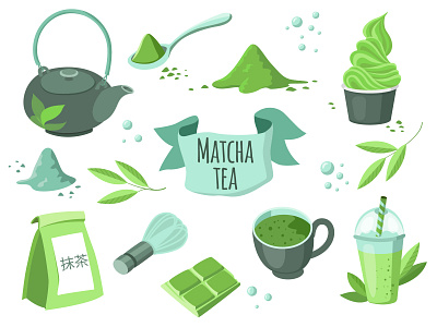 Matcha Tea Set cartoon illustration illustrator set tea vector