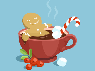 Gingerbread Man in a Cup with Hot Chocolate cartoon cute design illustration illustrator postcard vector