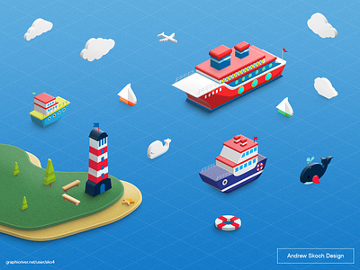 Isometric Sea action atn boat clouds dolphin illustration inspiration isometric lighthouse photoshop photoshop tool sea whale