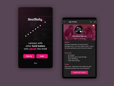 AnoMolly Social Networking App for Bold Babes Who Break the Mold app dark mode dark theme design product design ui ux women empowerment