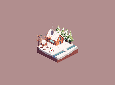 Winter Isometric Scene cosy house isometric art snow winter