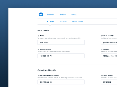 Accounting Webapp - Profile | Account page account dashboard flat forms profile settings sketch uidesign user webdesign