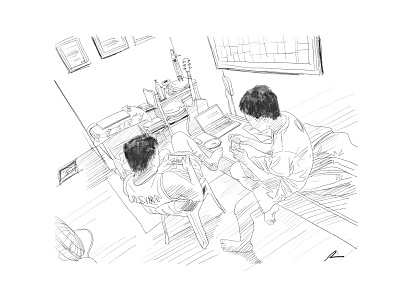 Leisure time birds eye digital art friends gadget illustration pencil art people play portrait sketch