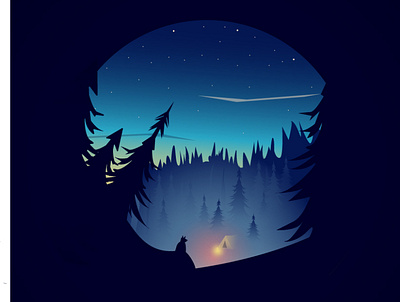 Night forest иллюстрация костер лес ночь палатка синий