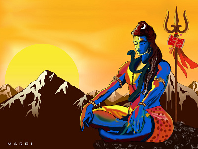 Lord shiva digital digital art fresco gradient illustration kailash lord shiva mahadev meditating mountain painting shiva snow sun sunset trishul