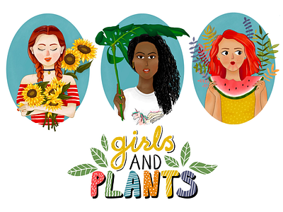 Girls and Plants character illustration colorful flower girls girly green hair happy lettering mood plants portrait sunflower watermelon