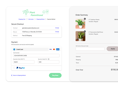 Daily UI #002 - Plant Parenthood Checkout/Payment page adobexd daily 100 challenge dailyui dailyui 002 design ui uichallenge uidesign uxdesign