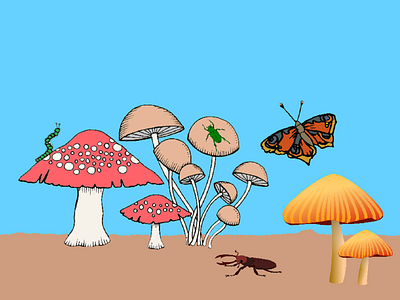 mushrooms on the ground beetles butterfly caterpillar digital art graphic design ground illustration insects mushrooms nature