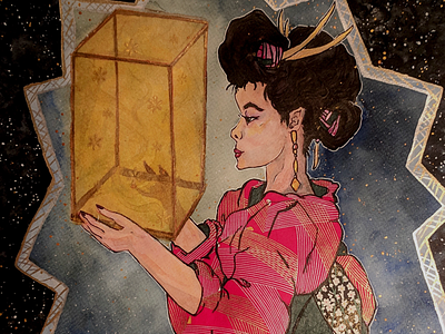 Away with the light beatiful geisha illustration kimono lantern festival painting paper art traditional art