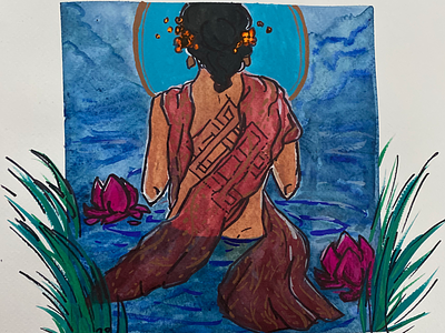 Lady of the Lake karma lotus original art painting peaceful swimming