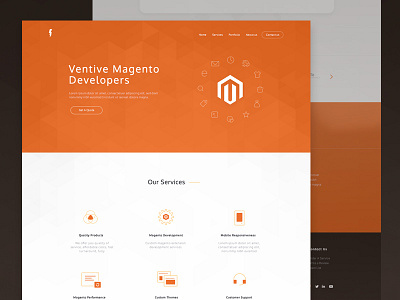 Magento Developers Landing clean modern simple look developing web icongraphy features orange color interface polygon header image ui ux ventive magento page