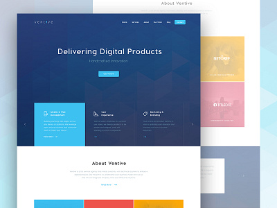 Ventive Landing agency homepage blue interface colorfull design concept corporate website design digital agency landing page redesign modern interface polygon header portfolio design ui ux ventive