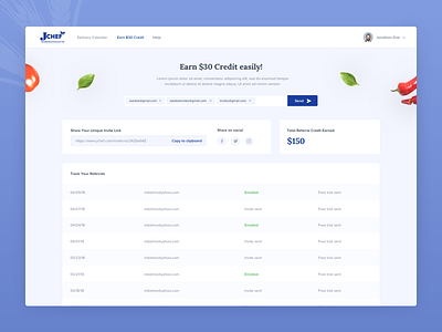 Jchef Earn Credit cooking recipe dashboard food delivery food ordering platform gift redeem page design kosher meal modern minimal layout ui ux user experience user interface visual clean design web design user interface
