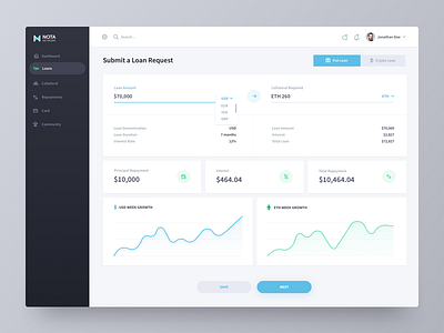 Nota Loan Request chart growth showcase clean minimal design cryptocurrency startup decentralized dashboard ethereum to dollars loan request exchange lending platform nota ico lending ui ux visual interface design