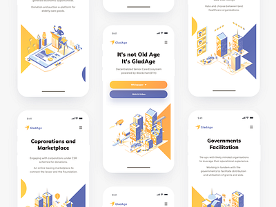 GladAge Mobile blockchain cryptocurrency blue orange colors buildings ico webpage clean visual minimal design crypto website gladage redesign isometric illustration mobile responsive solution roadmap toke senior community token page ui ux