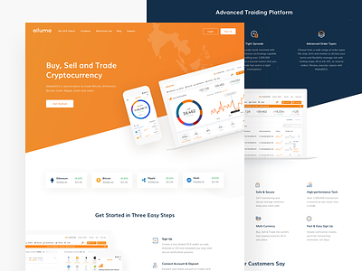 Alluma Homepage alluma crypto exchange platform asia market blockchain trading design clean white interface cryptocoins trading view cryptocurrency trading website device mockup implementation modern icongraphy orange black colors ui ux