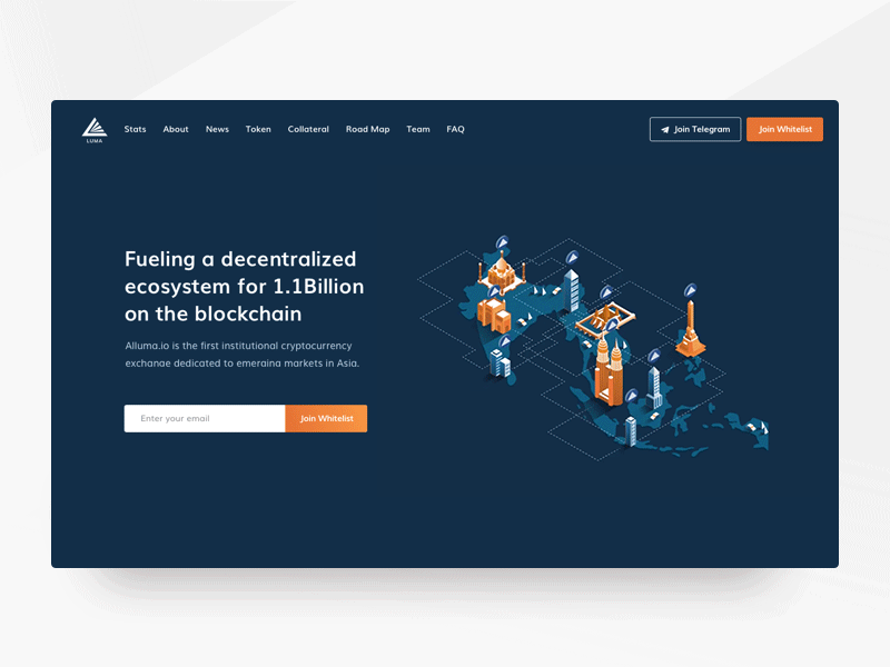 Luma token header alluma crypto exchange platform asia market blockchain trading design clean dark interface cryptocoins trading view cryptocurrency trading website header concept interface isometric illustration animation luma token landing page orange black colors ui ux