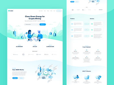 4NEW Landing Page 4new landing page design clean minimal illustrations crypto mining blockchain electricity ico page green blue white colors kwatt crypto coin people green enviroment ui ux user experience visual user interface design website redesign