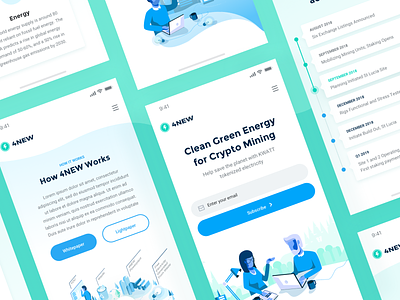4NEW Mobile 4new landing page responsive clean minimal illustrations crypto mining blockchain electricity ico page green blue white colors kwatt crypto coin mobile responsive design people green enviroment ui ux user experience visual user interface design website redesign