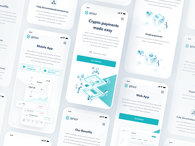 8pay Landing Page Mobile 8pay landing page application dashboard showcase blockchain protocol integration clean isometric illustration crypto payments digital currencies transactions digital payment platform responsive mobile design roadmap chart team section uiux user interface experience website design white green color