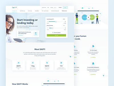 Savy Landing Page blue green color clean white minimal interface illustration icon work page structure design payment calculator ui ux user interface experience website redesign