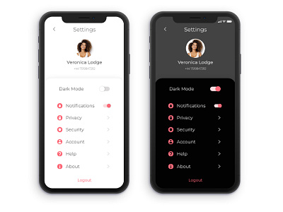 Daily UI #007 - Settings about account dailyui dark mode dark theme design female user help icons notifications privacy security settings page settings ui toggle