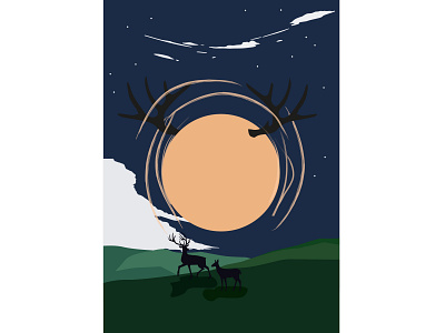 Hello Dribbble! art deer design flat full moon hello dribble illustration illustrator landscape minimal moonlight vector