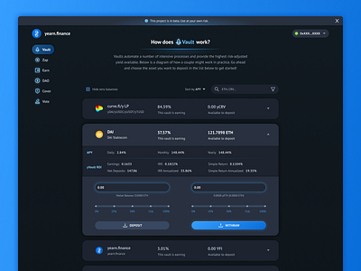 Crypto currency yield product UI