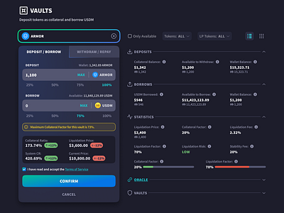 Cryptocurrency vaults actions UI