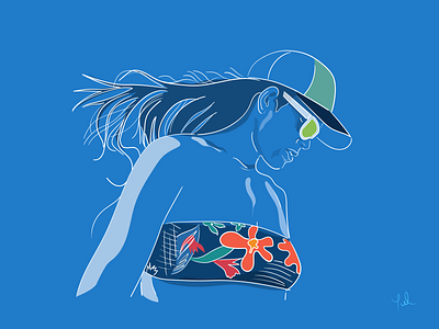 Beach Sunset beach blue flat hair illustration minimal portrait art sunglasses swimsuit wind woman woman portrait