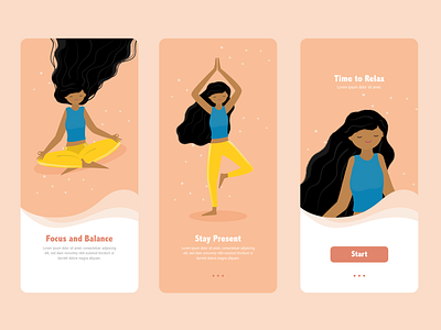 Yoga App balance calm flat flat illustration focus girl meditation meditation app relax walkthrough yoga yoga app yoga pose yoga studio