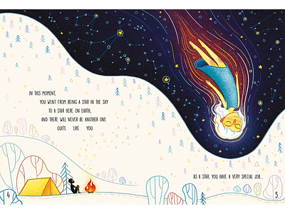 Shine 4-5 camping children book illustration comet falling star illustration meteor mountain starry sky